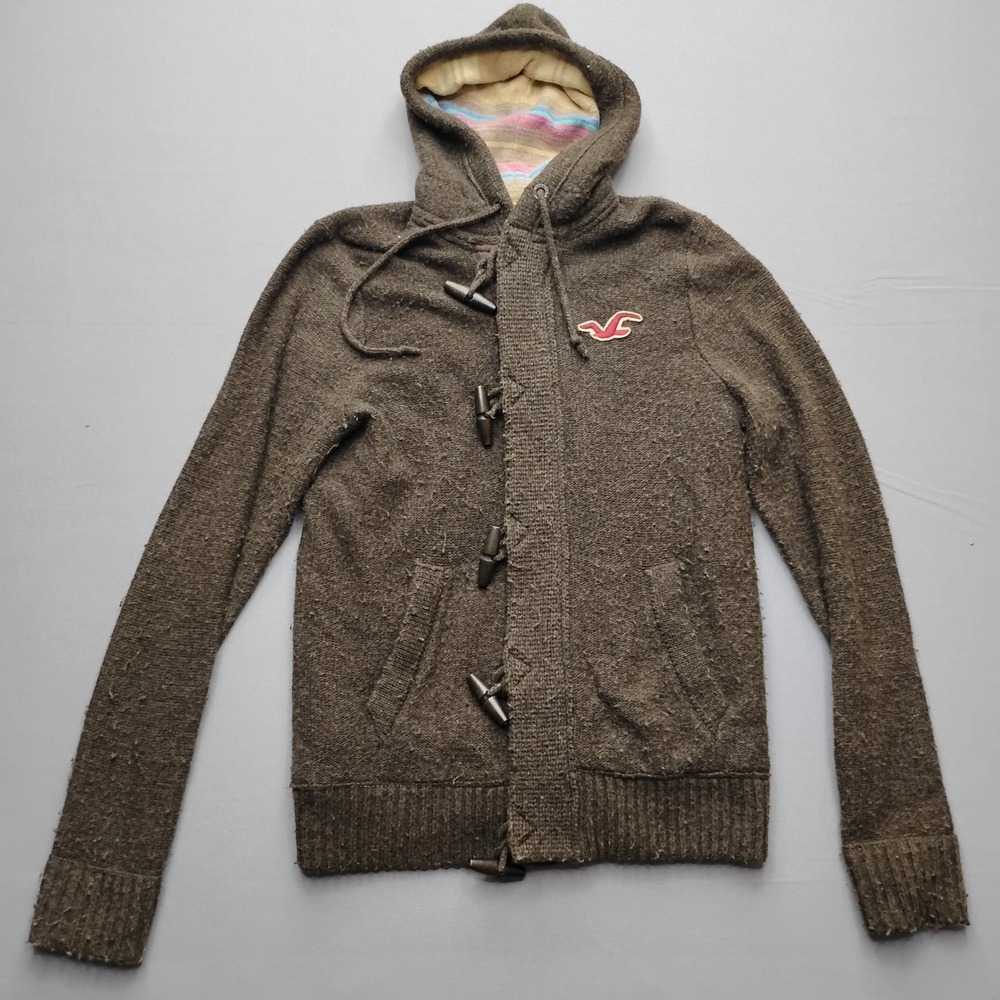 Hollister Womens Wool Blend Toggle Knit Hooded Jacket Brown Large